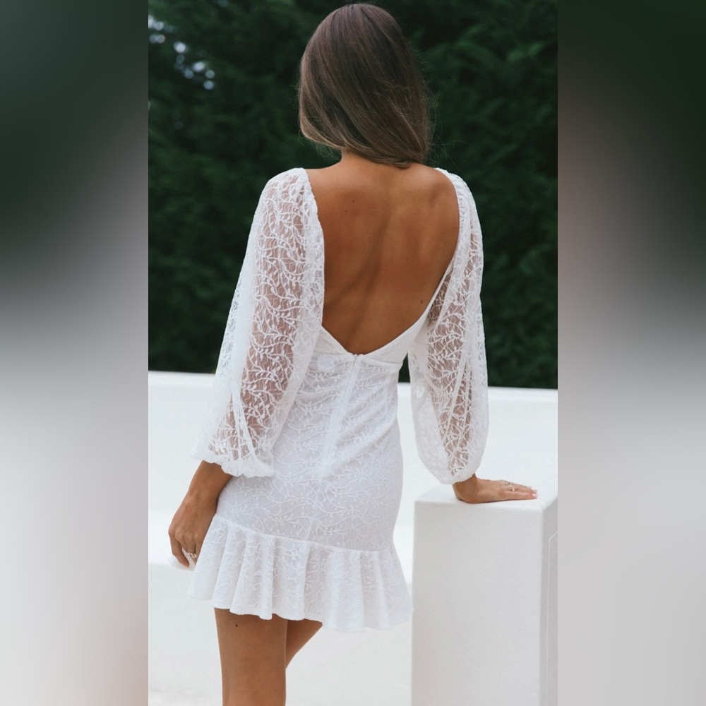 SELFIE LESLIE NWT HALLEY BALLOON  SLEEVE FRILL FLOUNCE HEM LACE DRESS - Picture 5 of 8